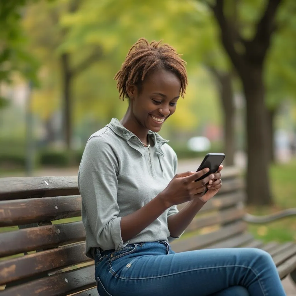 Personne utilisant l'assistant financier IA sur son smartphone en extérieur